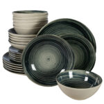 Set farfurii 24 piese, pentru 6 persoane, Whirlwind, Cesiro, Alb Ivoire cu negru