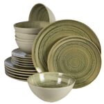 Set farfurii 18 piese, pentru 6 persoane, Sand, Cesiro, Alb Ivoire lucios si gri-verzui