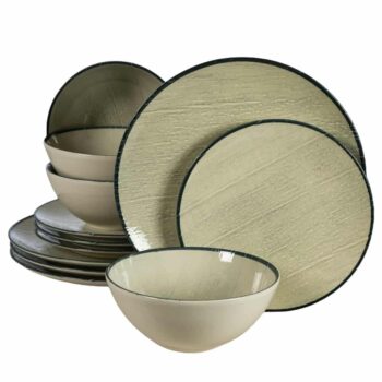 Set farfurii 12 piese, pentru 4 persoane, Sand, Cesiro, Alb Ivoire lucios cu margine neagra Set farfurii 12 piese, pentru 4 persoane, Sand, Cesiro, Alb Ivoire lucios cu margine neagra