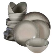 Set farfurii 24 piese, pentru 6 persoane, Stone, Cesiro, Alb Ivoire cu gri