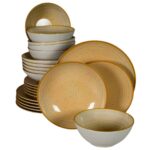 Set farfurii 24 piese, pentru 6 persoane, Sundown, Cesiro, Alb Ivoire cu galben