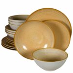 Set farfurii 16 piese, pentru 4 persoane, Sundown, Cesiro, Alb Ivoire cu galben