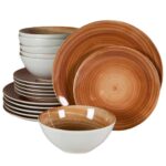 Set farfurii 18 piese, pentru 6 persoane, Earth, Cesiro, Alb Ivoire lucios cu maro