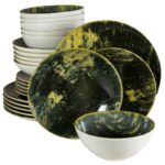 Set farfurii 24 piese, pentru 6 persoane, Forest, Cesiro, Alb Ivoire cu verde
