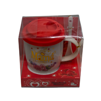 Cană cu capac din silicon decorată cu flori Hibiscus și mesajul Mama, cu linguriță, de 350 ml