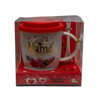 Cană cu capac din silicon decorată cu flori Hibiscus și mesajul Mama, cu linguriță, de 350 ml