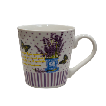 Cană model lavandă și mesaj galben