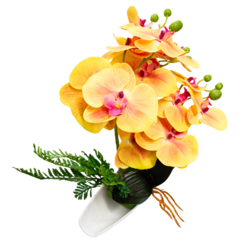 Decorațiune florală cu orhidee galbenă și roz în ghiveci de 35x30 cm