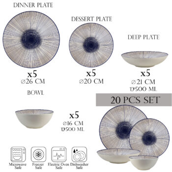 Set farfurii 20 piese, 5 persoane -Ensemble Eleganza Blu - Set Veselă Italiană Porțelan