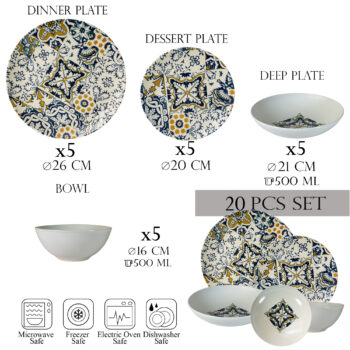 Set farfurii 20 piese, 5 persoane -Ensemble Mosaico Lussuoso - Set Veselă Italiană Porțelan