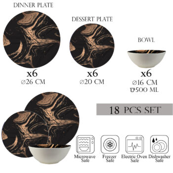 Set farfurii 18 piese, 6 persoane, set cu bol- Ensemble Marmura Bronzata - Set Veselă Italiană Porțelan