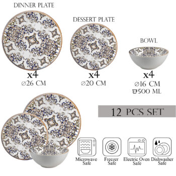 Set farfurii 12 piese, 4 persoane, set cu bol- Eleganza Bronzo - Set Veselă Italiană Porțelan