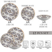 Set farfurii 12 piese, 4 persoane, set cu farfurie adancă- Eleganza Bronzo - Set Veselă Italiană Porțelan