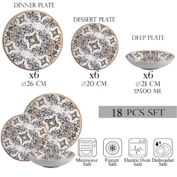 Set farfurii 18 piese, 6 persoane, set cu farfurie adancă- Eleganza Bronzo - Set Veselă Italiană Porțelan