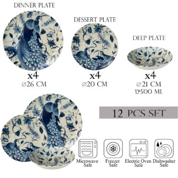 Set farfurii 12 piese, 4 persoane, set cu farfurie adancă-Ensemble Pavone Elegante - Set Veselă Italiană Porțelan