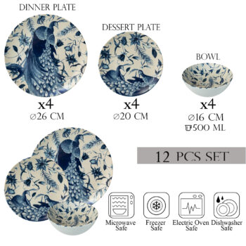 Set farfurii 12 piese, 4 persoane, set cu bol-Ensemble Pavone Elegante - Set Veselă Italiană Porțelan