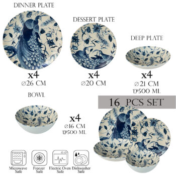 Set farfurii 16 piese, 4 persoane-Ensemble Pavone Elegante - Set Veselă Italiană Porțelan