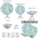 Set farfurii 16 piese, 4 persoane- Insieme Foglie Turquoise - Set Veselă Italiană Porțelan