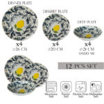 Set farfurii 12 piese, 4 persoane, set cu farfurie adancă-Ensemble Limone Elegante - Set Veselă Italiană Porțelan