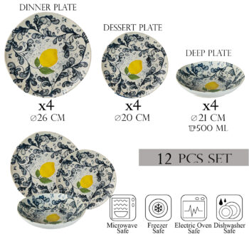 Set farfurii 12 piese, 4 persoane, set cu farfurie adancă-Ensemble Limone Elegante - Set Veselă Italiană Porțelan