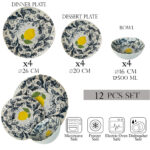 Set farfurii 12 piese, 4 persoane, set cu bol-Ensemble Limone Elegante - Set Veselă Italiană Porțelan