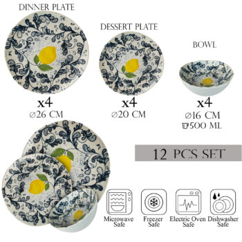 Set farfurii 12 piese, 4 persoane, set cu bol-Ensemble Limone Elegante - Set Veselă Italiană Porțelan