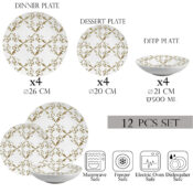 Set farfurii 12 piese, 4 persoane, set cu farfurie adancă- Insieme Splendore Vintage - Set Veselă Italiană Porțelan