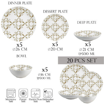 Set farfurii 20 piese, 5 persoane - Insieme Splendore Vintage - Set Veselă Italiană Porțelan