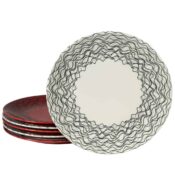 Set 6 farfurii intinse, 26 cm Crem/Rosu cu linii curbate