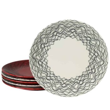 Set 6 farfurii intinse, 26 cm Crem/Rosu cu linii curbate