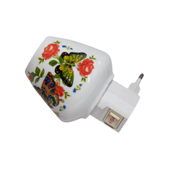 Lampă de veghe din ceramică, decorată cu fluturi multicolori