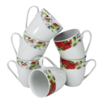 Set Elegant de 6 Căni de Cafea cu Motive Florale Roșii din Porțelan