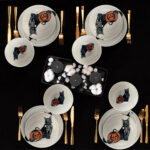 Set farfurii 24 piese, pentru 6 persoane, Skeleton Kitty, Cesiro, Ivoire cu Pisica