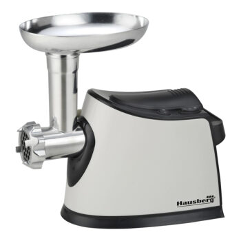 Masina electrica tocat carne Hausberg HB-3440, 1600W, 1 kg/min, buton reverse, 3 site, aluminiu, alba