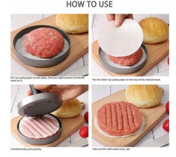 Presa pentru burger, din aluminiu cu invelis antiaderent, maner din lemn, Ø 12 cm, 50 buc foaie hartie, Grunberg PHB12
