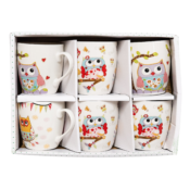 Set 6 căni, 230 ml, decorate cu bufnițe