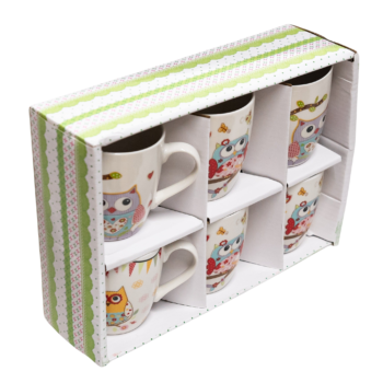 Set 6 căni, 230 ml, decorate cu bufnițe
