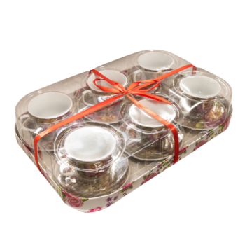 Set 6 cești cu farfurioară, model trandafir roz interior galben, 220 ml Set 6 cești cu farfurioară, model trandafir roz interior galben, 220 ml