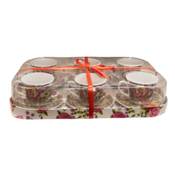 Set 6 cești cu farfurioară, model trandafir roz interior galben, 220 ml