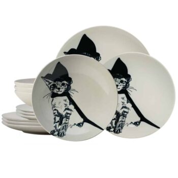 Set farfurii 12 piese, pentru 4 persoane, Wizard Cat, Cesiro, Ivoire cu Pisica