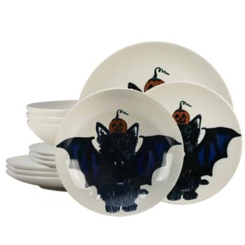 Set farfurii 12 piese, pentru 4 persoane, BatKitty, Cesiro, Alb Ivoire cu Pisica