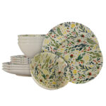 Set farfurii 12 piese, pentru 4 persoane, Vintage, Cesiro, Alb decor flori si frunze