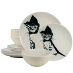 Set farfurii 12 piese, pentru 4 persoane, Wizard Cat, Cesiro, Alb Ivoire cu Pisica