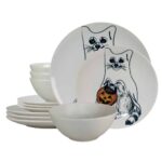 Set farfurii 12 piese, pentru 4 persoane, Pumpkin Cat, Cesiro, Alb Ivoire cu Pisica