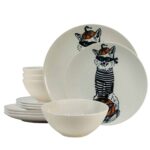 Set farfurii 12 piese, pentru 4 persoane, Robber Cat, Cesiro, Alb Ivoire cu Pisica