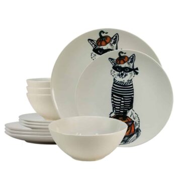 Set farfurii 12 piese, pentru 4 persoane, Robber Cat, Cesiro, Alb Ivoire cu Pisica Set farfurii 12 piese, pentru 4 persoane, Robber Cat, Cesiro, Alb Ivoire cu Pisica