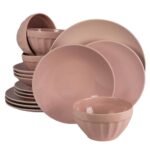 Set farfurii 16 piese, pentru 4 persoane, Pink, Cesiro, Roz Lucios si Roz Mat