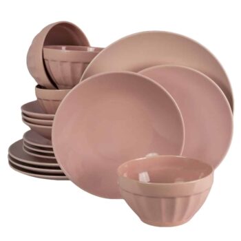 Set farfurii 16 piese, pentru 4 persoane, Pink, Cesiro, Roz Lucios si Roz Mat