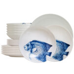 Set farfurii 18 piese, pentru 6 persoane, Spectacol Subacvatic, Cesiro, Alb decor pesti