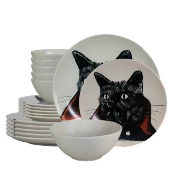 Set farfurii 18 piese, pentru 6 persoane, Dracula Cat, Cesiro, Alb Ivoire cu Pisica